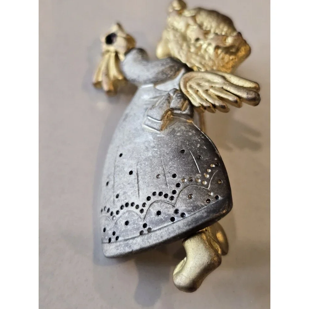 Vintage Angel Brooch Pin Two Tone Gold Silver Praying Angel Holding Flower #1225